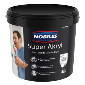 Wiadro białej farby do ścian Nobiles Super Akryl do wnętrz, 10 litrów.