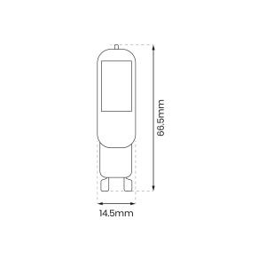 Szkic żarówki LED G9 z wymiarami (wysokość 66,5 mm, szerokość 14,5 mm).