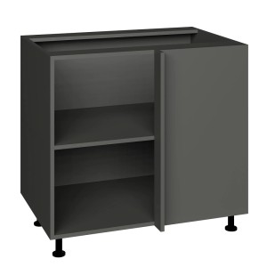 Szara szafka dolna t.b.t. z drzwiami i półkami do przechowywania.