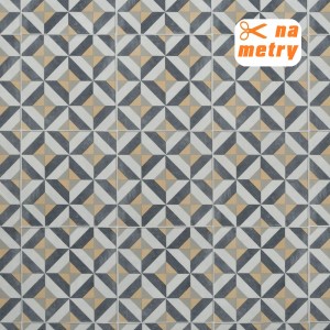 Wykładzina PCV z geometrycznym wzorem w kolorze szarym, beżowym i białym.