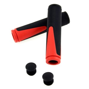 Czarne i czerwone gripy rowerowe z korkami kierownicy dla komfortu i kontroli.