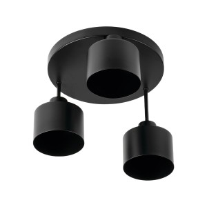 Czarna lampa sufitowa t.b.t. z trzema cylindrycznymi kloszami.