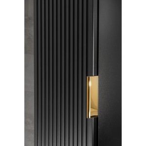 Zbliżenie: Czarna, wysoka szafka łazienkowa ze złotym uchwytem. Elegancki design.