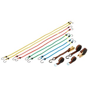 Zestaw pasów mocujących LUX, 12 elementów: Pasy mocujące z haczykami i klamrą zaciskową oraz ekspandery gumowe w różnych rozmiarach.