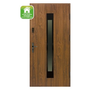Brązowe drzwi zewnętrzne z szybą i srebrną klamką.