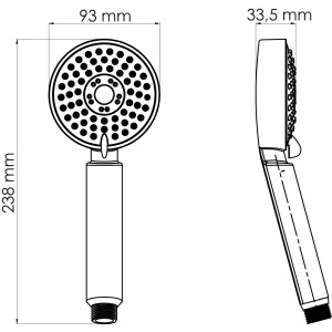 Rysunek techniczny: Słuchawka prysznicowa z wymiarami (średnica 93 mm, długość 238 mm).