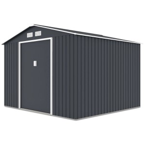 Szary metalowy domek narzędziowy t.b.t. z drzwiami i kratkami wentylacyjnymi.