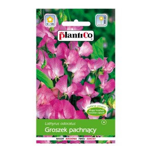 Opakowanie nasion groszku pachnącego z różowymi kwiatami.