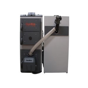 Piec na pellet t.b.t., szara obudowa z elementami sterującymi i wężem podającym.