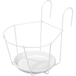 Biały hakowy uchwyt na doniczkę, Ø 20 cm, metalowy ze spodkiem do zawieszenia na balustradzie balkonu.