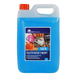 Kanister z niebieskim płynem przeciw zamarzaniu do materiałów budowlanych, Primacol, 5L.