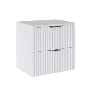 Biała szafka pod umywalkę t.b.t. z dwiema szufladami i żłobionym frontem.