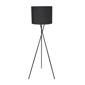 Czarna lampa podłogowa t.b.t. z abażurem z tkaniny do oświetlenia salonu.