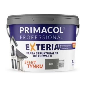 Wiadro farby fasadowej Primacol Exteria, kolor szary, farba strukturalna do elewacji.