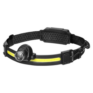 Czarna latarka czołowa t.b.t. z żółtym paskiem świetlnym.