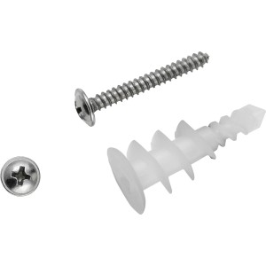 Kołki do płyt gipsowych LUX ze śrubami, zestaw 4 szt., odpowiednie do mocowania w ścianach gipsowo-kartonowych.