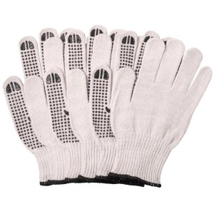 Białe rękawice robocze t.b.t. z czarnymi kropkami dla lepszego chwytu.