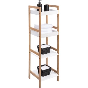Bambusowy regał łazienkowy z czterema półkami, wyposażony w ręczniki i kosze.