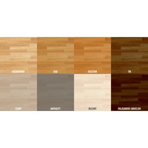 Próbki kolorów olejów do drewna: Różne odcienie od bezbarwnego do palisandru.