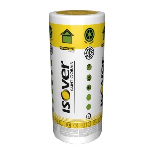Rolka wełny mineralnej Isover, białe opakowanie z żółtymi akcentami i logo.