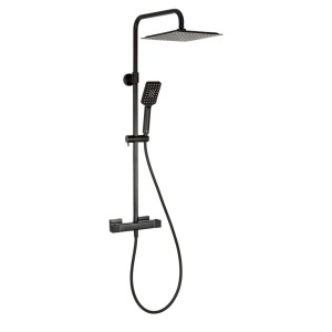 Czarna kolumna prysznicowa t.b.t. z deszczownicą i słuchawką do nowoczesnych łazienek.