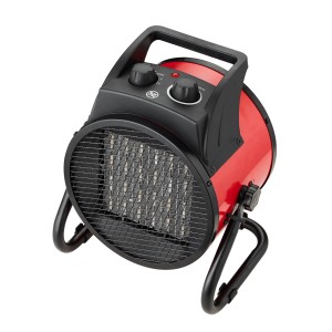 Czerwony grzejnik elektryczny t.b.t. z czarnym uchwytem i kratką.