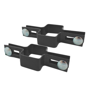 Dwa czarne klipsy montażowe do ogrodzeń t.b.t. do ogrodzeń i ogrodzeń ogrodowych.