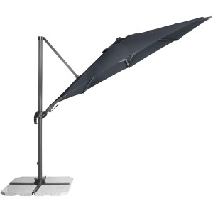 Antracytowy okrągły parasol Derby Ravenna AX z podstawą na płyty tarasowe.