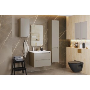 Nowoczesny zestaw łazienkowy z wysokimi szafkami i umywalką w kolorze szarym.