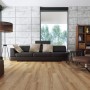 Salon z jasną podłogą laminowaną t.b.t. Meble w odcieniach brązu i szarości.