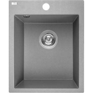 Szary zlewozmywak granitowy t.b.t. z armaturą odpływową i otworem na kran.