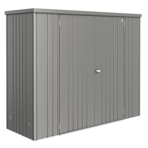 Szafa ogrodowa Biohort Gr. 230 w kolorze kwarcowy szary metalik, metalowa szafa ogrodowa z podwójnymi drzwiami.