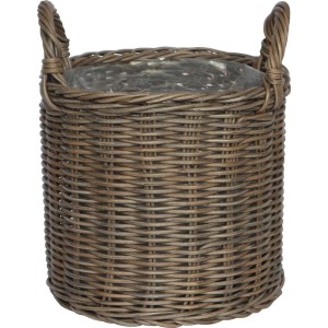 Szary kosz z polyrattanu z uchwytami, 27,5x27,5x31,5 cm, idealny jako osłonka na zioła.