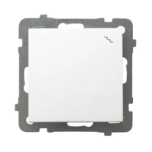 Biały włącznik światła t.b.t. ze srebrną ramką. Przełącznik kołyskowy do włącznika ściennego.