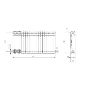 Rysunek techniczny grzejnika t.b.t. z wymiarami.