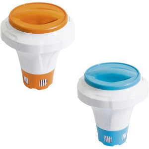 Pływak do chemii basenowej Bestway w kolorze pomarańczowym i niebieskim do dozowania chemii basenowej.