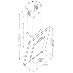 Rysunek techniczny okapu ściennego t.b.t. z wymiarami.