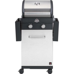 Grill gazowy t.b.t. z pokrywą ze stali nierdzewnej i dwoma regulatorami.