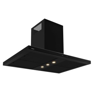 Czarny okap wyspowy t.b.t. z trzema lampami dla optymalnej wentylacji kuchni.