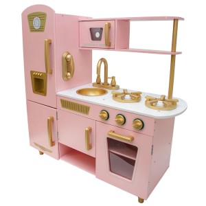 Różowa drewniana kuchnia dla dzieci ze złotymi akcentami, z kategorii gry i zabawy.