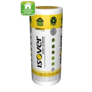 Rola wełny mineralnej Isover, żółto-biała, do izolacji.