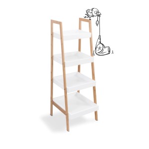 Zestaw mebli łazienkowych t.b.t. z regałem drabinkowym, drewno i białe półki.