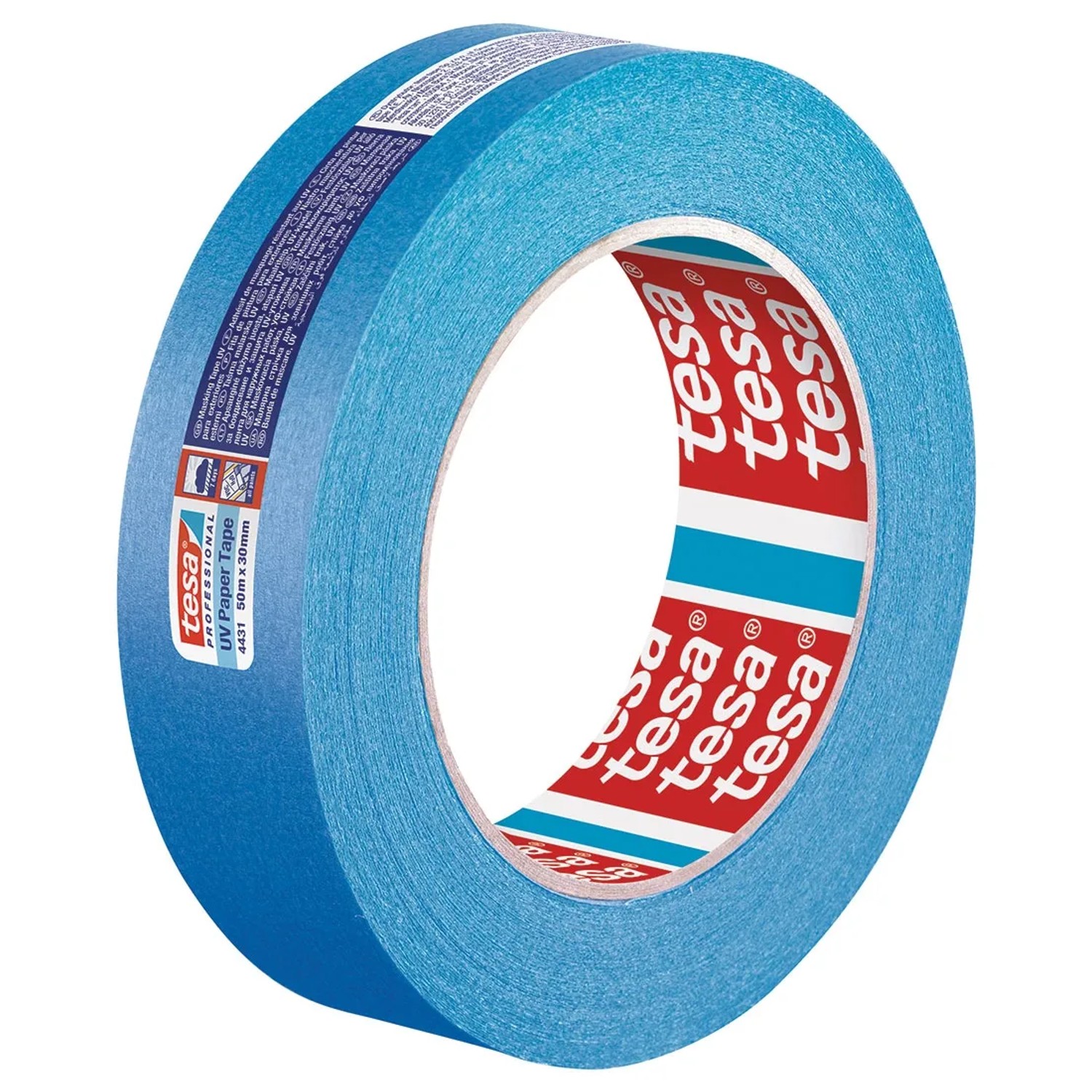 Niebieska papierowa taśma klejąca tesa UV, rolka 50 m x 30 mm, do prac malarskich.