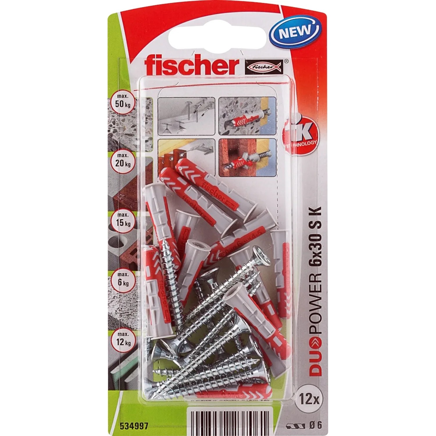 Kołki Fischer Duopower 6x30 S K NV, zestaw kołków i wkrętów w plastikowym opakowaniu.