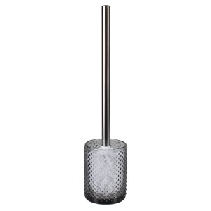 Szczotka do WC z szarym pojemnikiem i chromowanym uchwytem do łazienki.