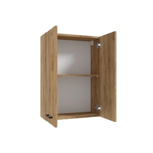 Szafka wisząca t.b.t. do zestawu mebli łazienkowych, wygląd drewna z dwojgiem drzwi i półką.