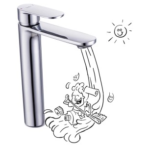 Nowoczesna chromowana bateria umywalkowa z zabawną ilustracją.