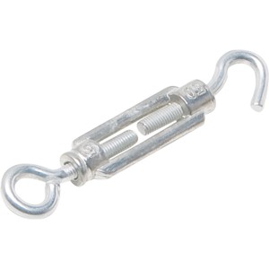 Srebrna śruba rzymska z hakiem i oczkiem do transportu i zabezpieczania ładunku.