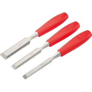Zestaw dłut Ellix, 3-częściowy z czerwonymi plastikowymi uchwytami, rozmiary 12, 18 i 24 mm.