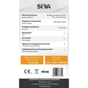 Informacje na opakowaniu elektrycznych urządzeń grzewczych t.b.t.: Szczegóły dotyczące mocy, rozmiaru i bezpieczeństwa.